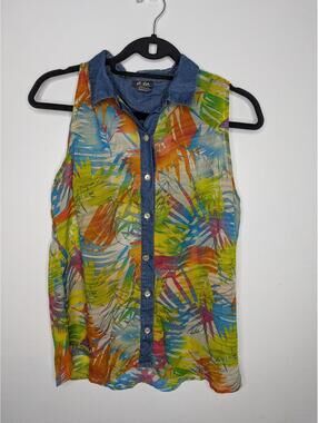 Dots Blouse Womens XL Multicolor Tropical Sheer Button Front Sleeveless Top